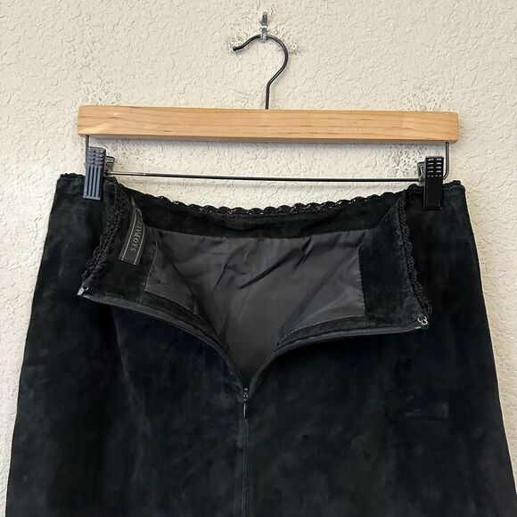 SAO PAULO Suede Midi Skirt Black Crochet Trim Retro Gothic 90s - Picture 7 of 11